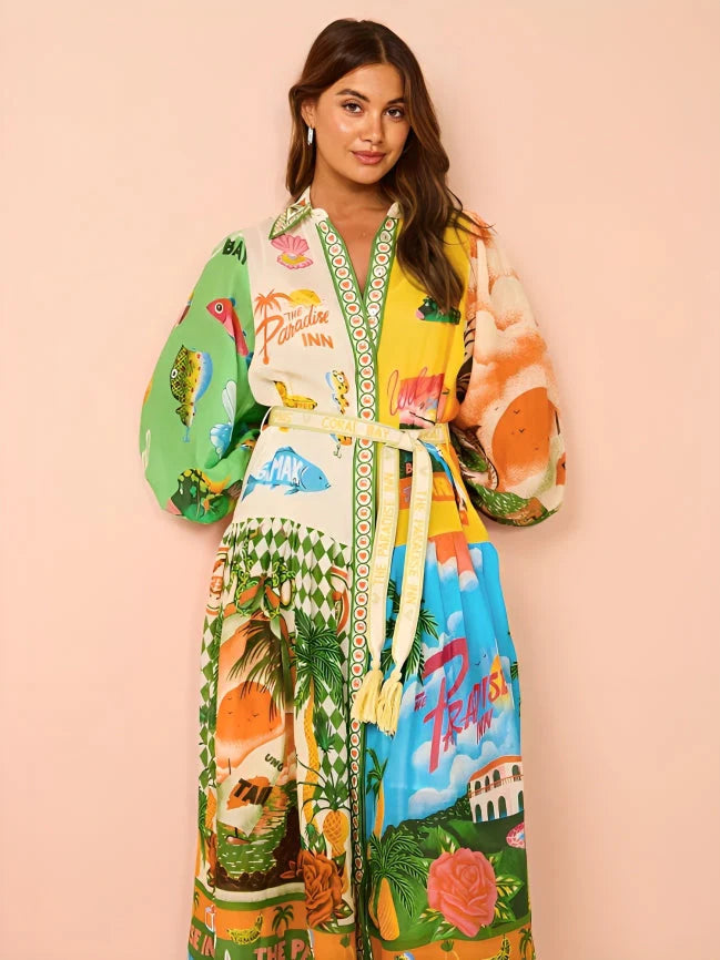 Savannah | Color Print Lantern Sleeve Dress