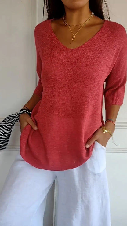 Lise - PLAIN-COLORED KNITTED TOP WITH A V-NECK