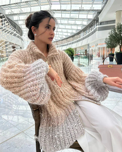 Claire | THE ELEGANT, GLITTERING SILK CARDIGAN SWEATER